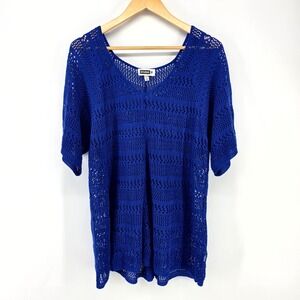 Studio 8 Crochet Knit Top Women 2X Royal Blue V-Neck Short Sleeve Open Knit Boho